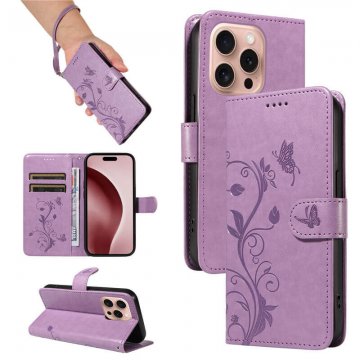 For iPhone 16 Pro Embossed Apricot Blossom Pattern Wallet Case Purple