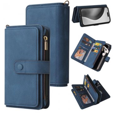 For iPhone 16 Pro Max Wallet 15 Card Slots Leather Case with Wrist Strap Blue