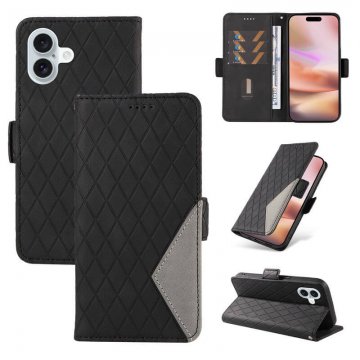 For iPhone 16 Plus Color Splicing Wallet Magnetic Kickstand Case Black