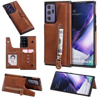 Samsung Galaxy Note 20 Zipper Pocket Card Slots Magnetic Clasp Stand Case Brown