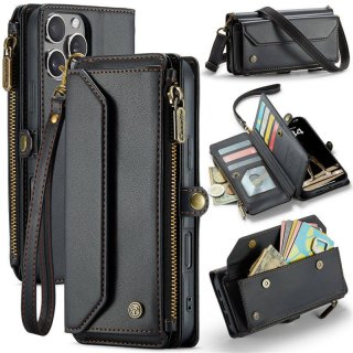 CaseMe iPhone 16 Pro Max Wallet RFID Blocking Crossbody Case Support Wireless Charging Black