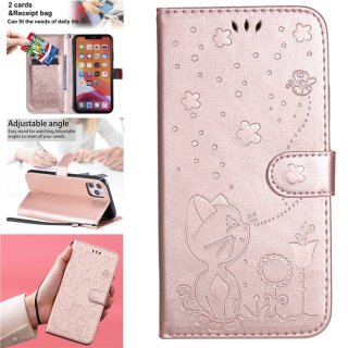 iPhone 11 Pro Max Embossed Cat Bee Wallet Magnetic Stand Case Rose Gold