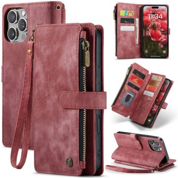 CaseMe iPhone 16 Pro Max Wallet Kickstand Case with Wrist Strap Red