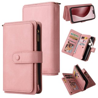 For iPhone 16 Pro Wallet 15 Card Slots Leather Case with Wrist Strap Pink