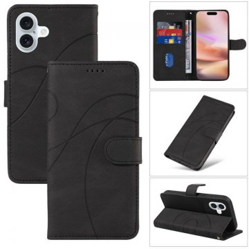 For iPhone 16 Plus Imprinted Line Wallet Magnetic Kickstand Case Black