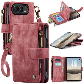 CaseMe iPhone Duo Wallet Case with 6 Card Slots, Zipper Pocket, Wireless Charging & Wrist Strap Red