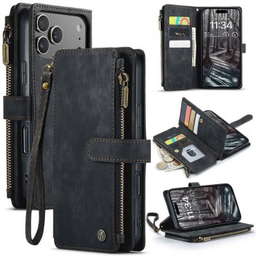 CaseMe iPhone 17 Pro Max Wallet Kickstand Case with Wrist Strap Black
