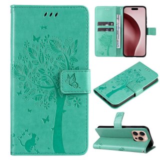 For iPhone 16 Pro Cat Tree Embossed Pattern Wallet Magnetic Case Green