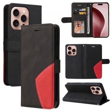 For iPhone 16 Pro Dual-Color Splicing Wallet Magnetic Stand Case Black