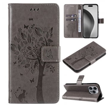 For iPhone 16 Pro Max Cat Tree Embossed Pattern Wallet Case Gray