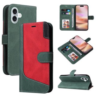 For iPhone 16 Plus Three-Color Splicing Wallet Kickstand Magnetic Case Green