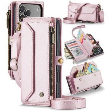 CaseMe iPhone 17 Pro Max Wallet RFID Blocking Crossbody Case with Wireless Charging Pink