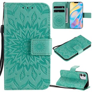 iPhone 12 Mini Embossed Sunflower Wallet Magnetic Stand Case Green