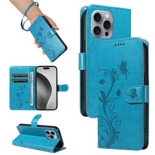 For iPhone 16 Pro Max Embossed Apricot Blossom Pattern Wallet Case Blue