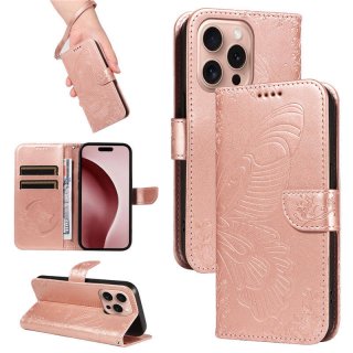 For iPhone 16 Pro Butterfly Embossed Wallet Kickstand Case Rose Gold