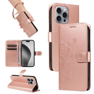 For iPhone 16 Pro Max Embossed Apricot Blossom Pattern Wallet Case Rose Gold