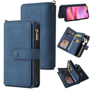 For iPhone 16 Wallet 15 Card Slots Leather Case with Wrist Strap Blue