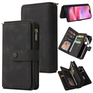 For iPhone 16 Wallet 15 Card Slots Leather Case with Wrist Strap Black