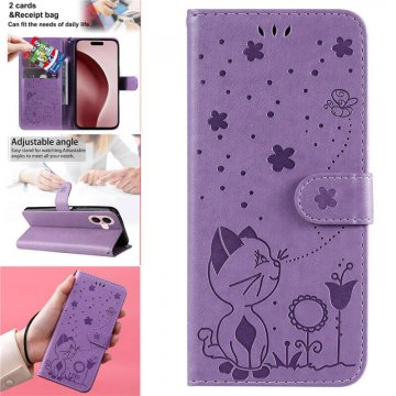 For iPhone 16 Cat Bee Embossed Pattern Wallet Magnetic Case Purple