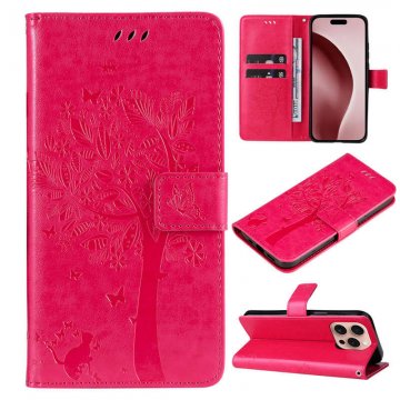 For iPhone 16 Pro Cat Tree Embossed Pattern Wallet Magnetic Case Rose