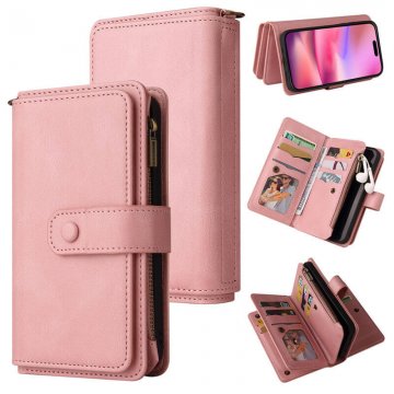 For iPhone 16 Wallet 15 Card Slots Leather Case with Wrist Strap Pink