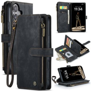CaseMe iPhone 17 Wallet Kickstand Case with Wrist Strap Black