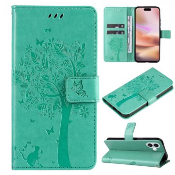 For iPhone 16 Plus Cat Tree Embossed Pattern Wallet Magnetic Case Green