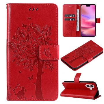 For iPhone 16 Cat Tree Embossed Pattern Wallet Magnetic Case Red