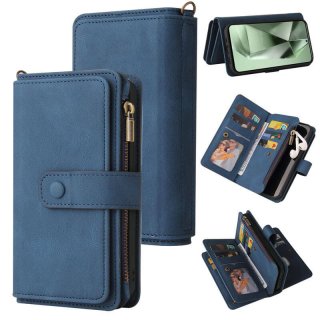 For Samsung Galaxy S24 FE Wallet 15 Card Slots Leather Case with Wrist Strap Blue