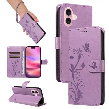 For iPhone 16 Embossed Apricot Blossom Pattern Wallet Case Purple