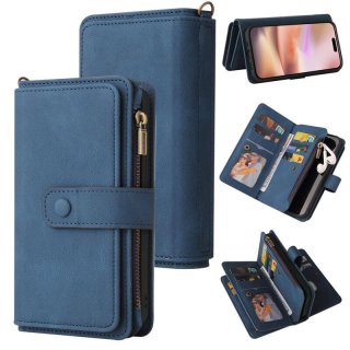 For iPhone 16 Plus Wallet 15 Card Slots Leather Case with Wrist Strap Blue