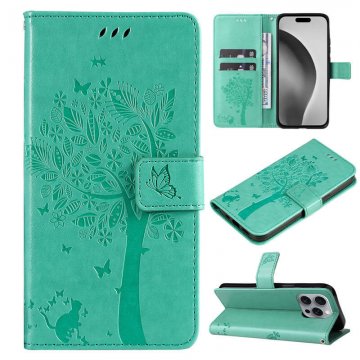 For iPhone 16 Pro Max Cat Tree Embossed Pattern Wallet Case Green