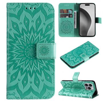 For iPhone 16 Pro Max Embossed Sunflower Pattern Wallet Magnetic Case Green