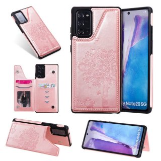 Samsung Galaxy Note 20 Embossed Tree Cat Magnetic Clasp Wallet Stand Case Rose Gold