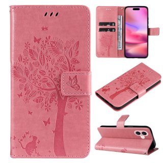 For iPhone 16 Cat Tree Embossed Pattern Wallet Magnetic Case Pink