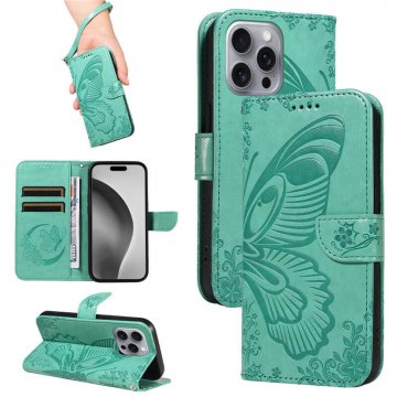 For iPhone 16 Pro Max Butterfly Embossed Wallet Kickstand Case Green