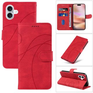 For iPhone 16 Plus Imprinted Line Wallet Magnetic Kickstand Case Red