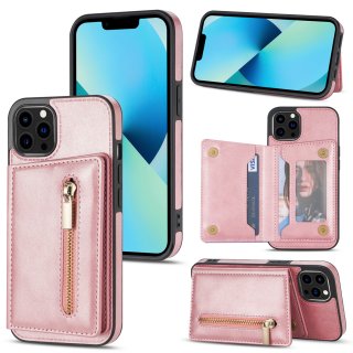 Zipper Pokcet Wallet Kickstand Magnetic Phone Cover Rose Gold