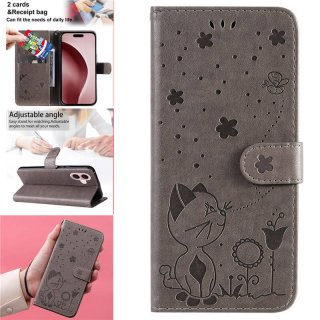 For iPhone 16 Cat Bee Embossed Pattern Wallet Magnetic Case Gray