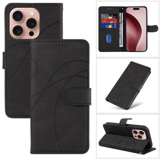 For iPhone 16 Pro Imprinted Line Wallet Magnetic Kickstand Case Black