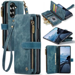 CaseMe Samsung Galaxy Z Fold7 Zipper Wallet Case with Wrist Strap Blue