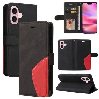 For iPhone 16 Dual-Color Splicing Wallet Magnetic Stand Case Black