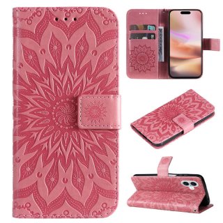 For iPhone 16 Plus Embossed Sunflower Pattern Wallet Magnetic Case Pink