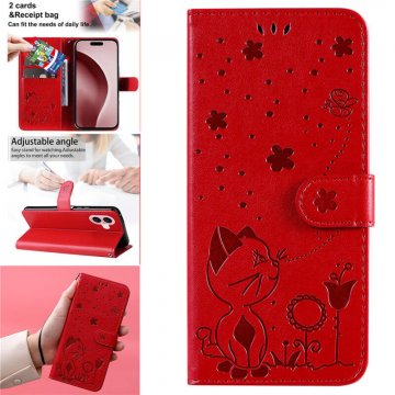 For iPhone 16 Cat Bee Embossed Pattern Wallet Magnetic Case Red