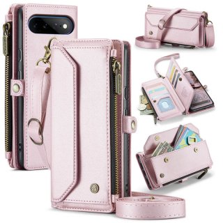 CaseMe Google Pixel 11 Pro XL RFID Wallet Case with Crossbody Strap, Zipper Pocket & Wireless Charging Pink