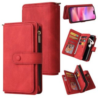 For iPhone 16 Wallet 15 Card Slots Leather Case with Wrist Strap Red