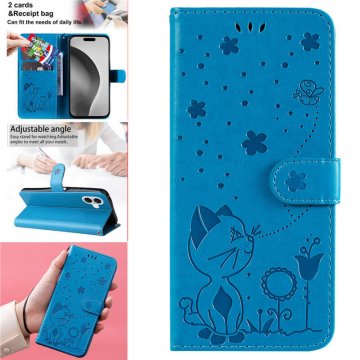 For iPhone 16 Plus Cat Bee Embossed Pattern Wallet Magnetic Case Blue