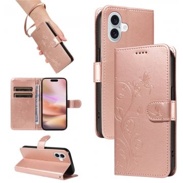 For iPhone 16 Plus Embossed Apricot Blossom Pattern Wallet Case Rose Gold