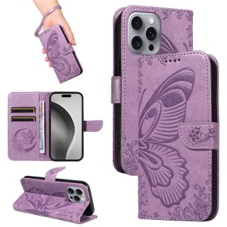 For iPhone 16 Pro Max Butterfly Embossed Wallet Kickstand Case Purple