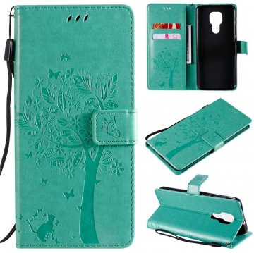 Motorola Moto G9 Play Embossed Tree Cat Butterfly Wallet Stand Case Green